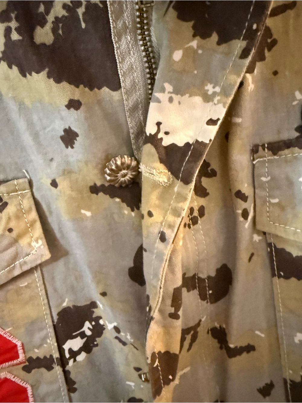 POL Women's Camo Patchwork Jean Jacket with Red Number Accent - Picture 4 of 5